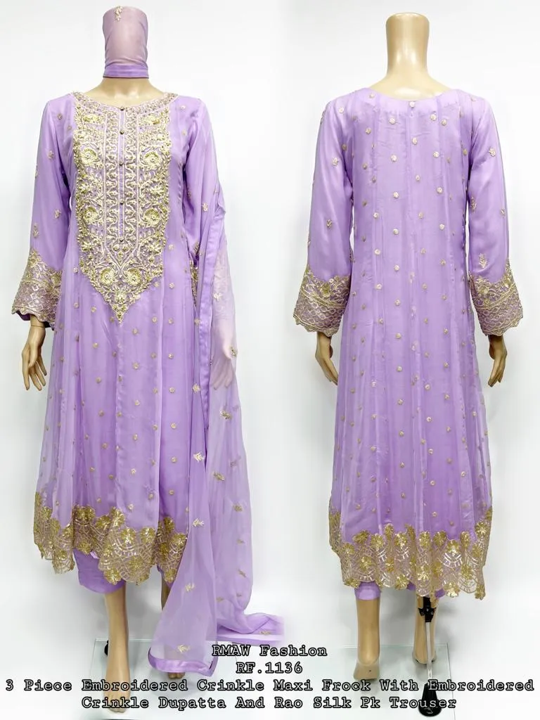 RMAW Lilac Chiffon Embroidered Long Maxi Dress Suit