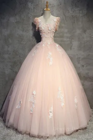 Round Neck Cap Sleeves Lace Pink Long Prom Dress Pink Lace Formal Dress Pink Evening Dress Ball Gown