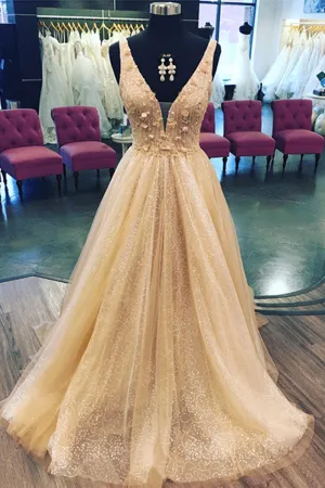 Shiny A Line V Neck Champagne Flowers Long Prom Dress Champagne V Neck Long Formal Evening Dress