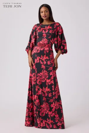 Silk Floral Jewel Belt Gown