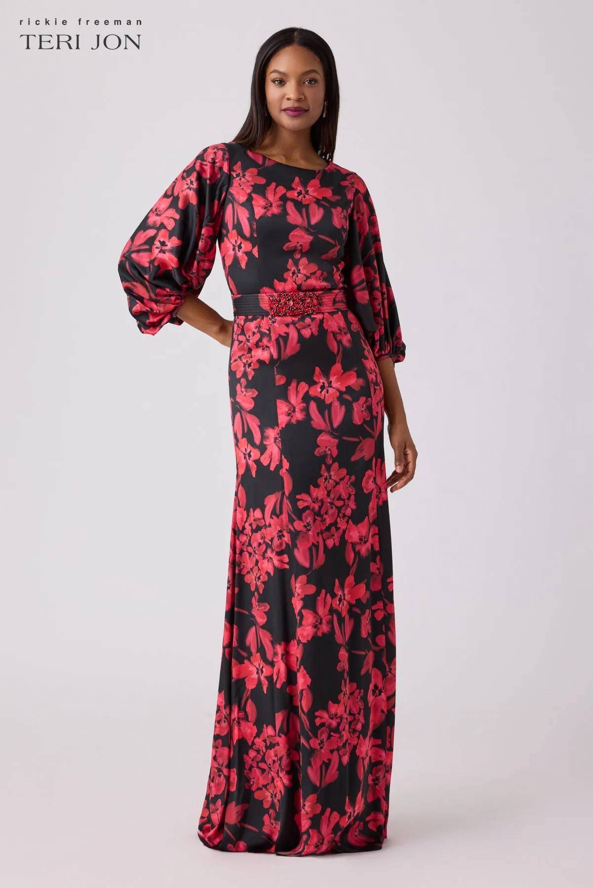 Silk Floral Jewel Belt Gown