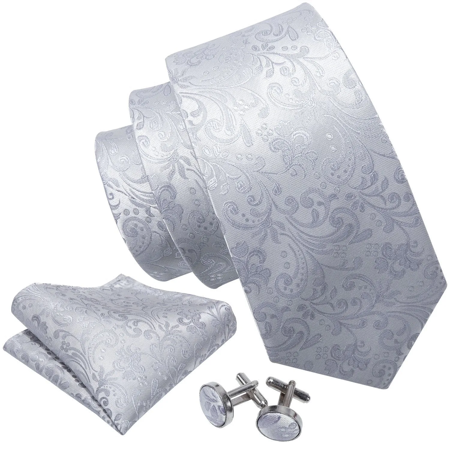 Silver Floral Tie Pocket Square Cufflinks Set with Brooch