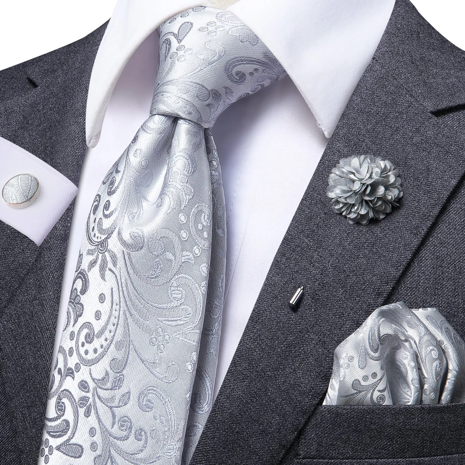 Silver Floral Tie Pocket Square Cufflinks Set with Brooch