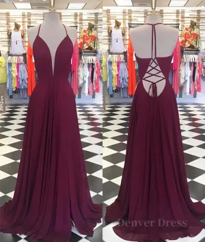 Simple v neck chiffon backless long prom dress Burgundy evening dress