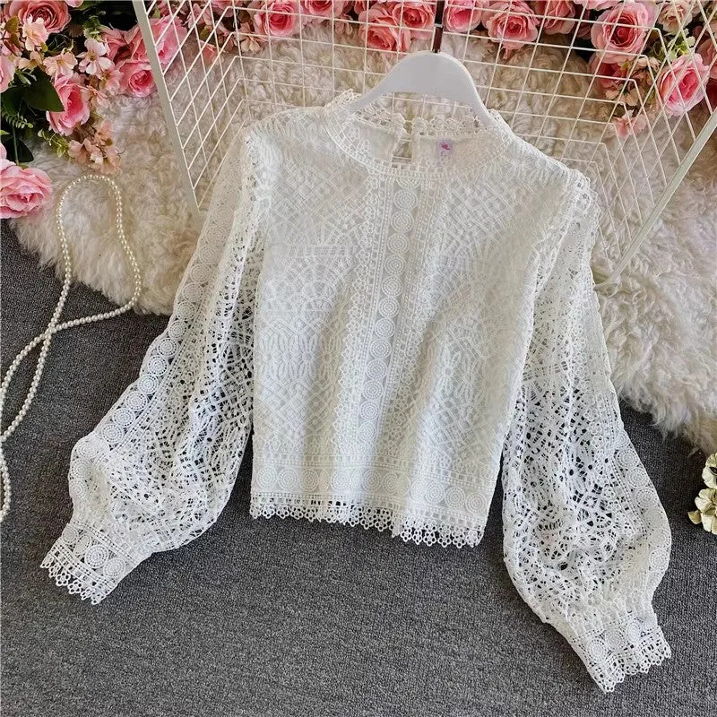 solid color long-sleeved top with lace for women     S4019