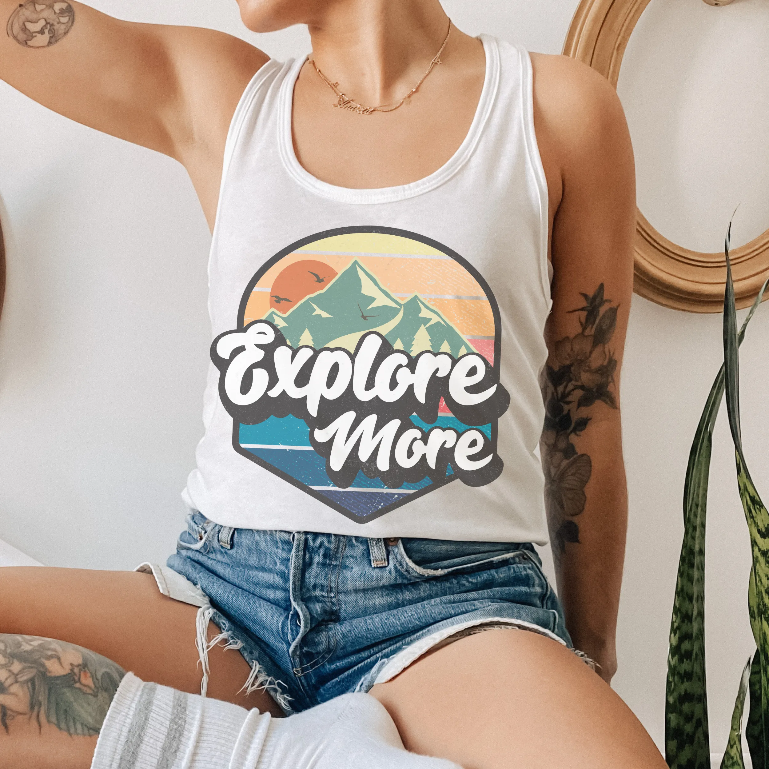 Trendy Explore More Women's Racerback Tank or T-Shirt Design on a Racerback White or Black Tank Tee with a Retro Design