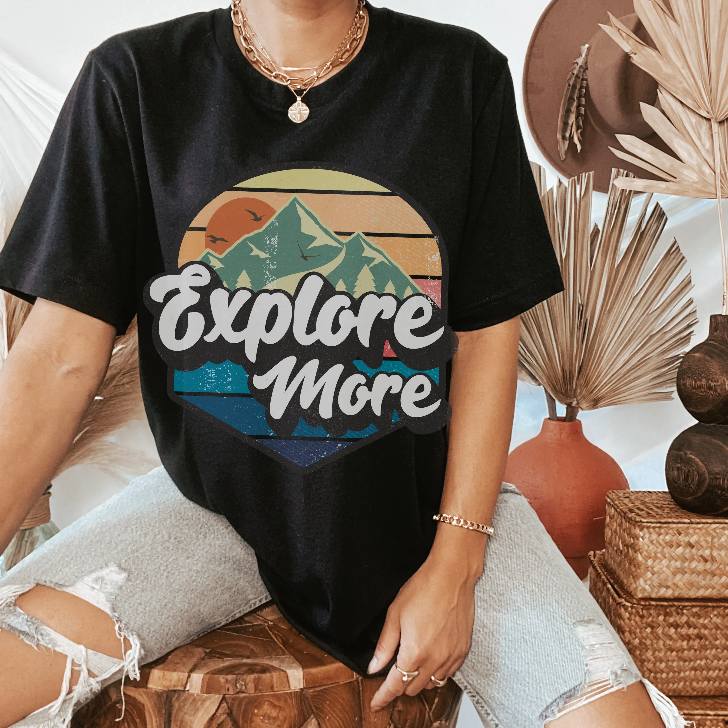 Trendy Explore More Women's Racerback Tank or T-Shirt Design on a Racerback White or Black Tank Tee with a Retro Design