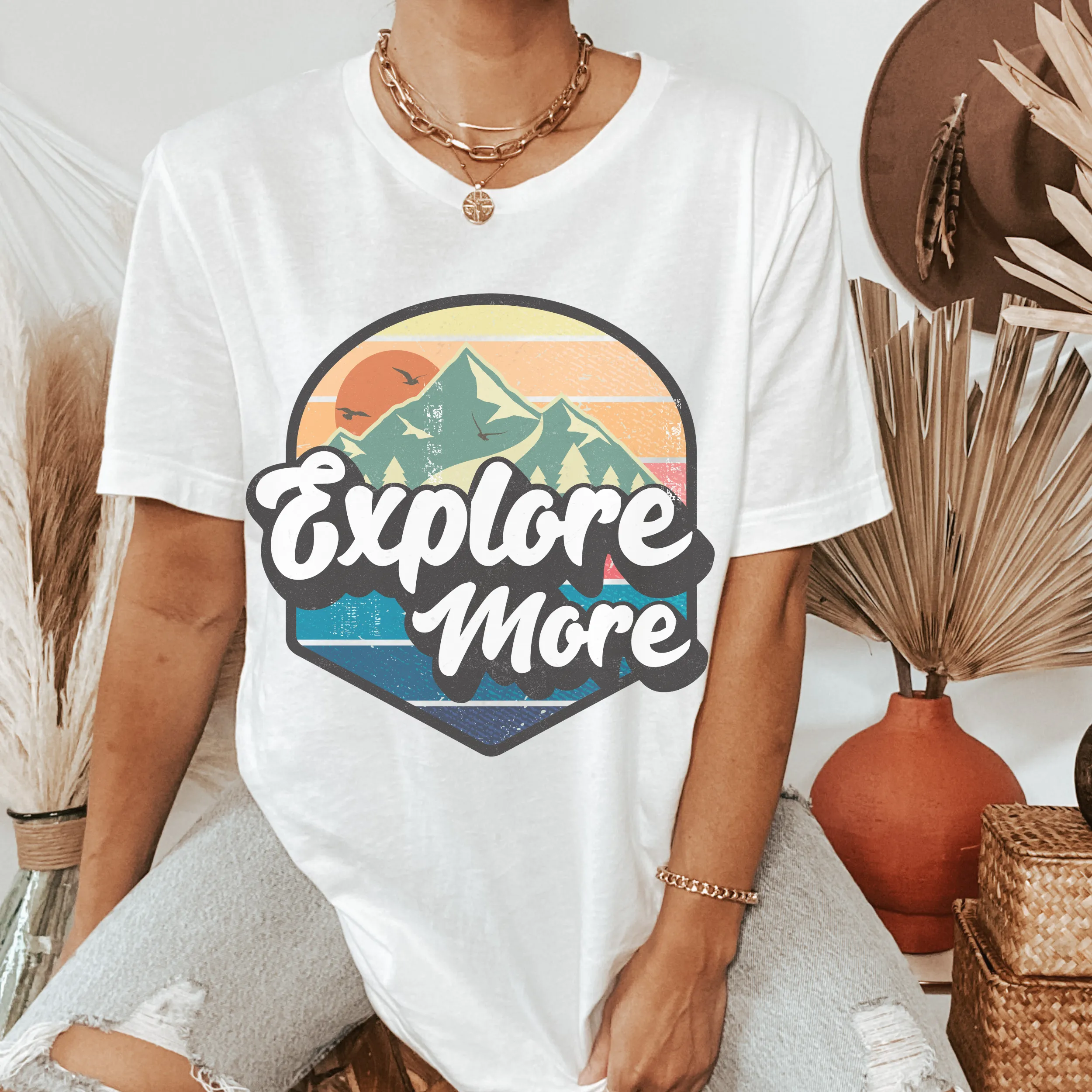 Trendy Explore More Women's Racerback Tank or T-Shirt Design on a Racerback White or Black Tank Tee with a Retro Design