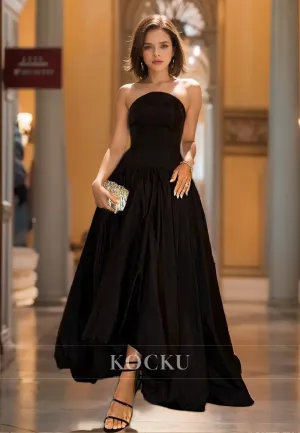 Tube Top A-Line Sleeveless Prom Dress Floor-Length Pleated Satin Evening Dress