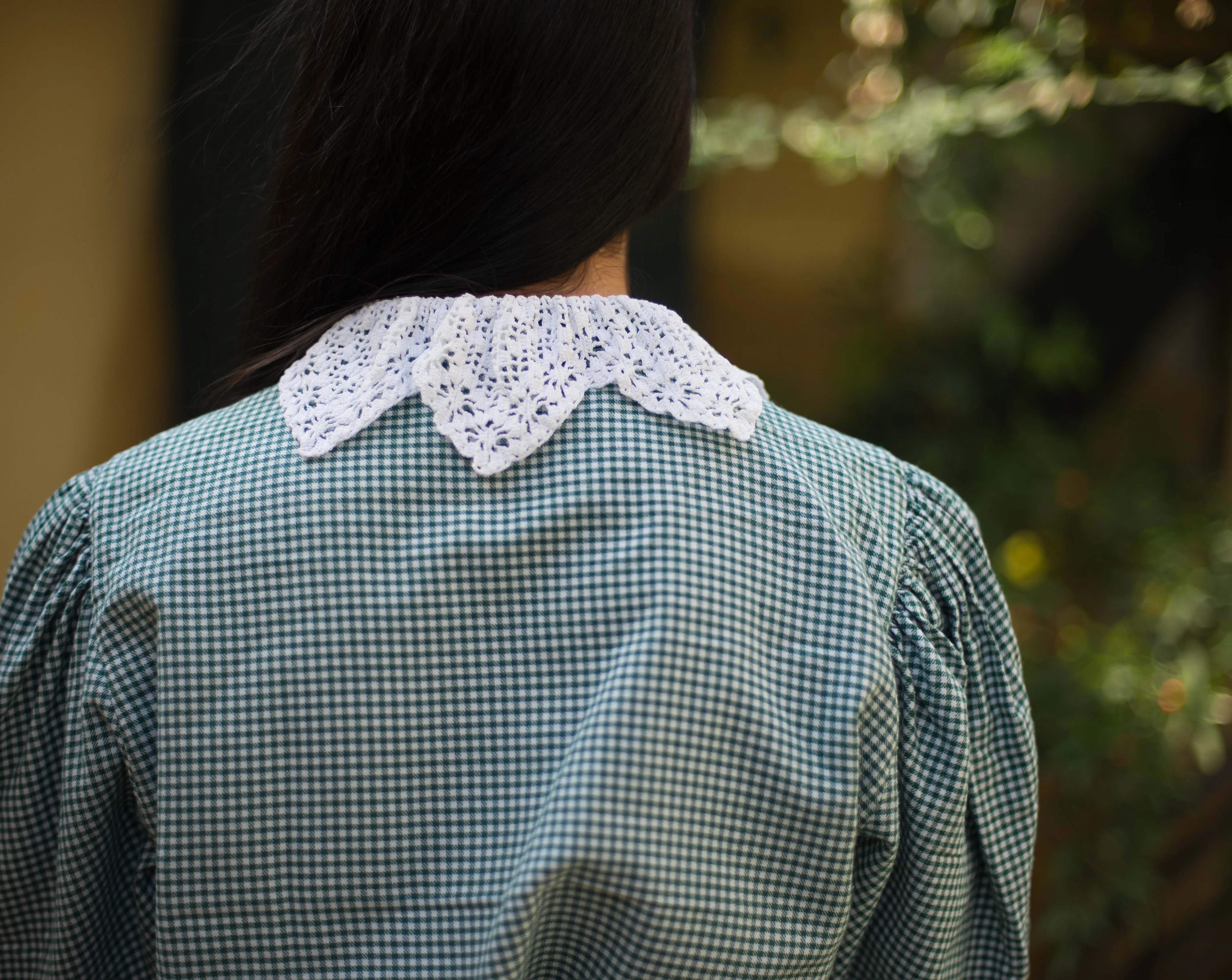 Vintage cotton mutton sleeve cross stitch embroidery and crochet collar gingham blouse