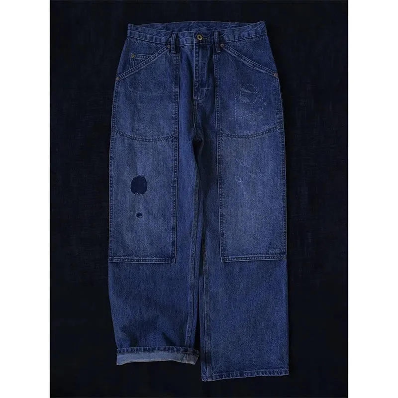 Vintage Style Double Knee Denim Carpenter Pants - Patchwork Distressed Jeans