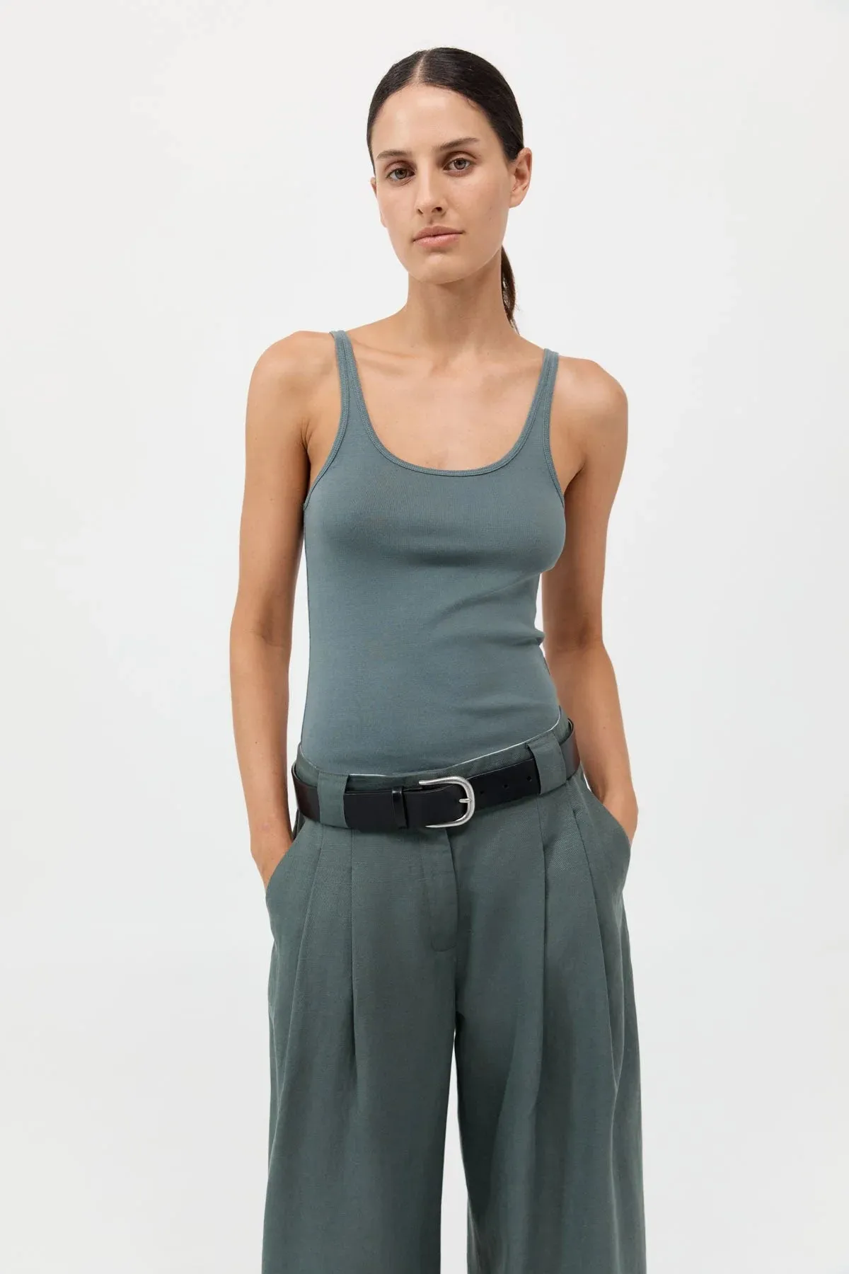 WIDE LEG PLEAT PANTS BALSAM GREEN