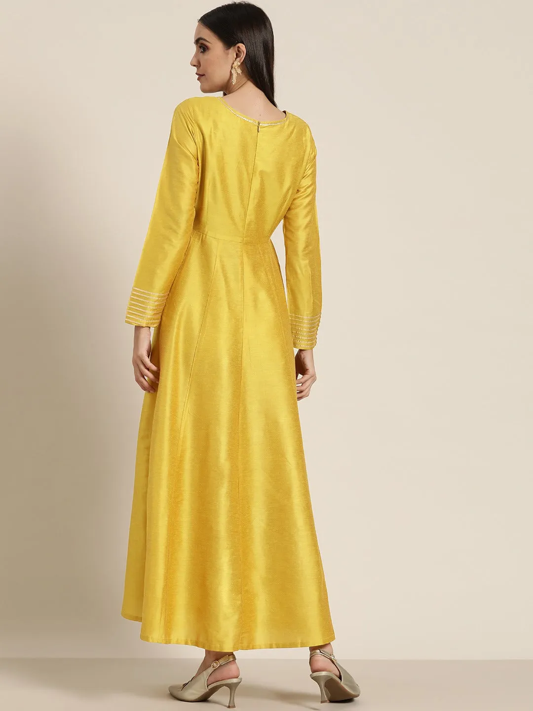 Women Mustard Gota Detail Anarkali Maxi Dress