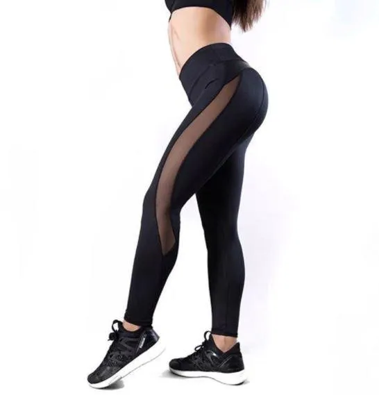 Women Solid High Waist Mesh And PU Leather Patchwork Leggings