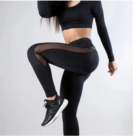 Women Solid High Waist Mesh And PU Leather Patchwork Leggings