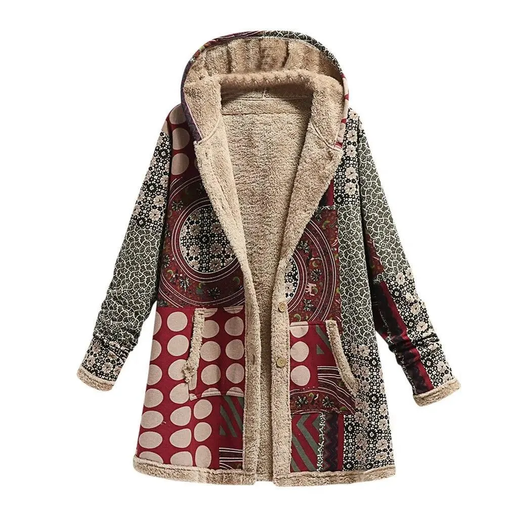 Women Warm Printing Thick Fleece Hooded Coat