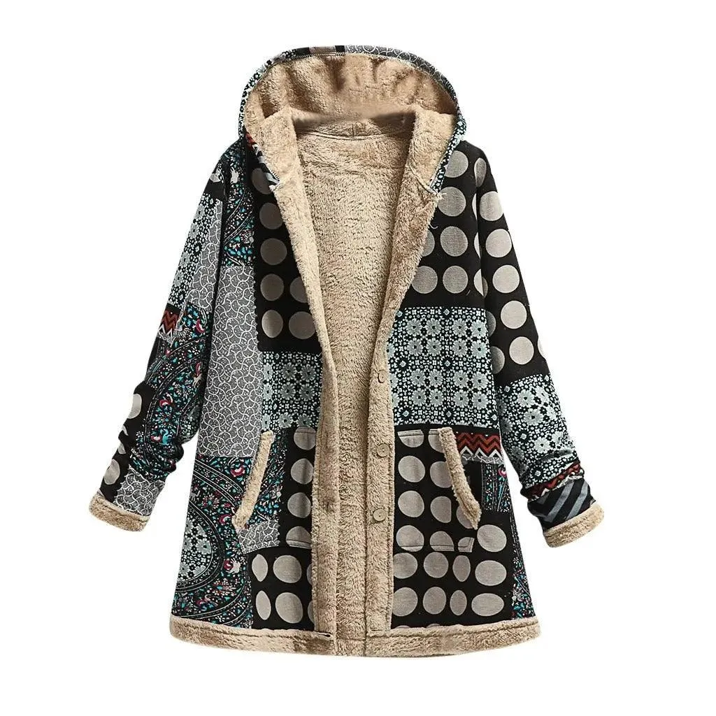 Women Warm Printing Thick Fleece Hooded Coat