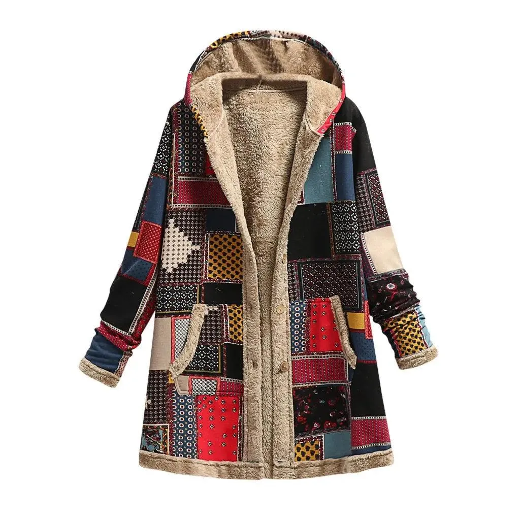 Women Warm Printing Thick Fleece Hooded Coat