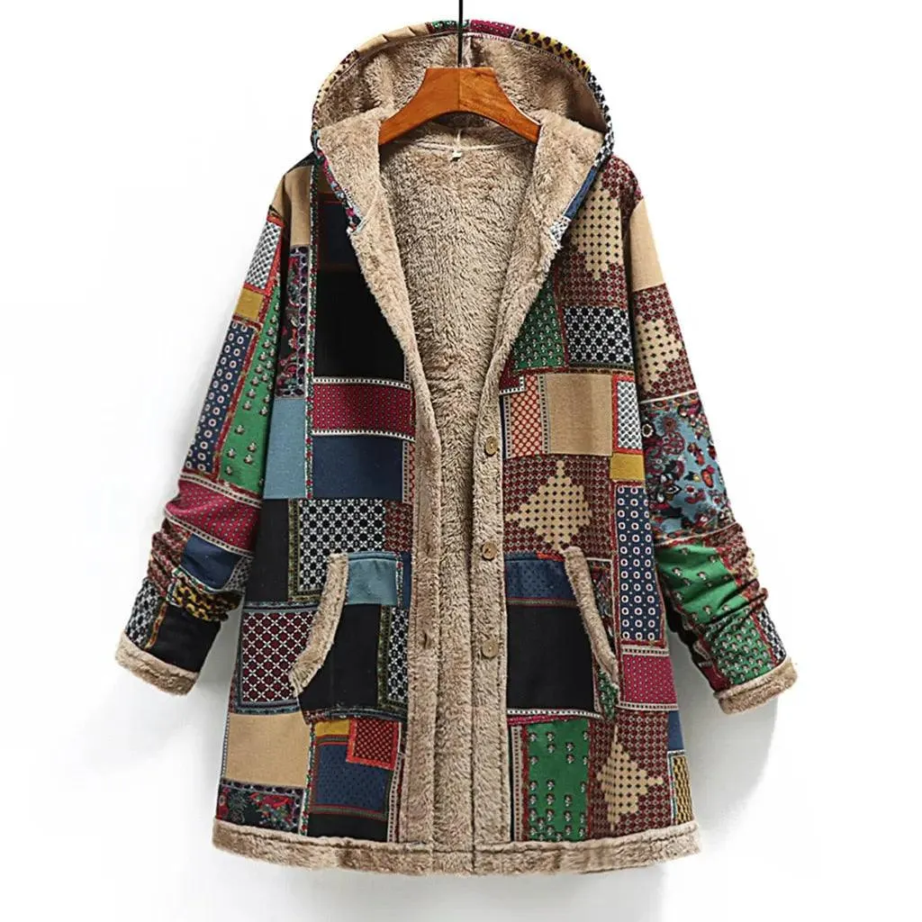 Women Warm Printing Thick Fleece Hooded Coat