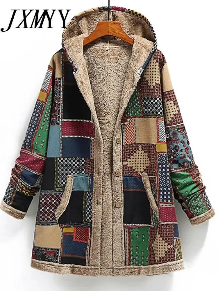 Women Warm Printing Thick Fleece Hooded Coat