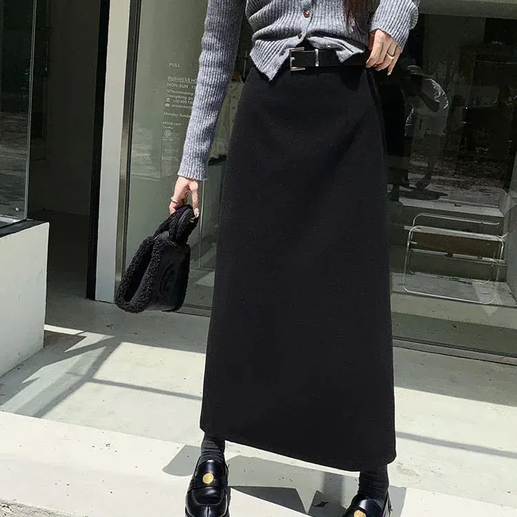 YESMYTOOL  -   Woolen Long Skirt Women Korean Style High Waist Straight Office Lady Elegant Vintage Warm Midi Skirt with Slit Winter