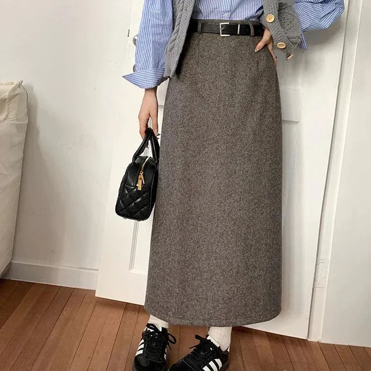 YESMYTOOL  -   Woolen Long Skirt Women Korean Style High Waist Straight Office Lady Elegant Vintage Warm Midi Skirt with Slit Winter